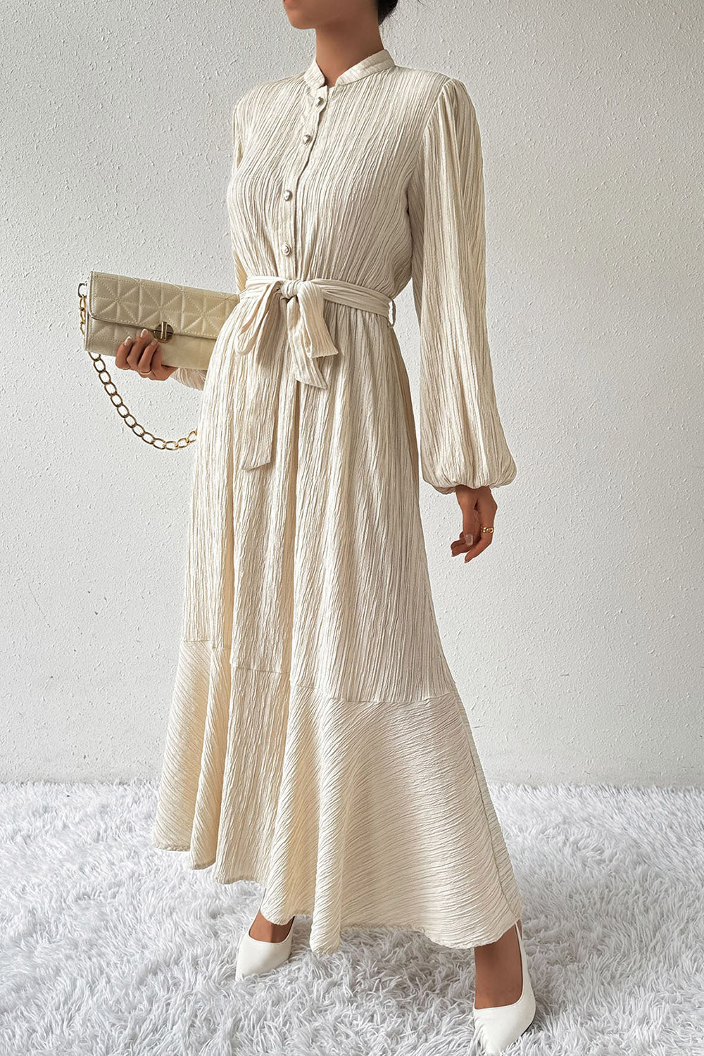 Tied Button Up Balloon Sleeve Dress - store name